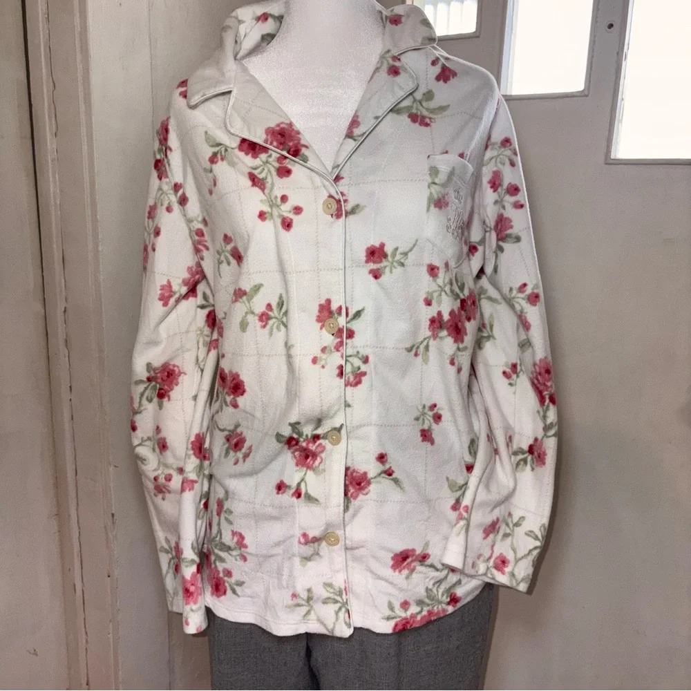 Lauren Ralph Lauren Floral Pajama Top Womens Large Pink Rose Button Up - Picture 4 of 9